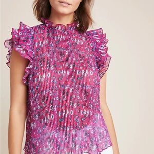 Anthropologie Women's Freida Wine Pink Black Floral Pleated Blouse Size M